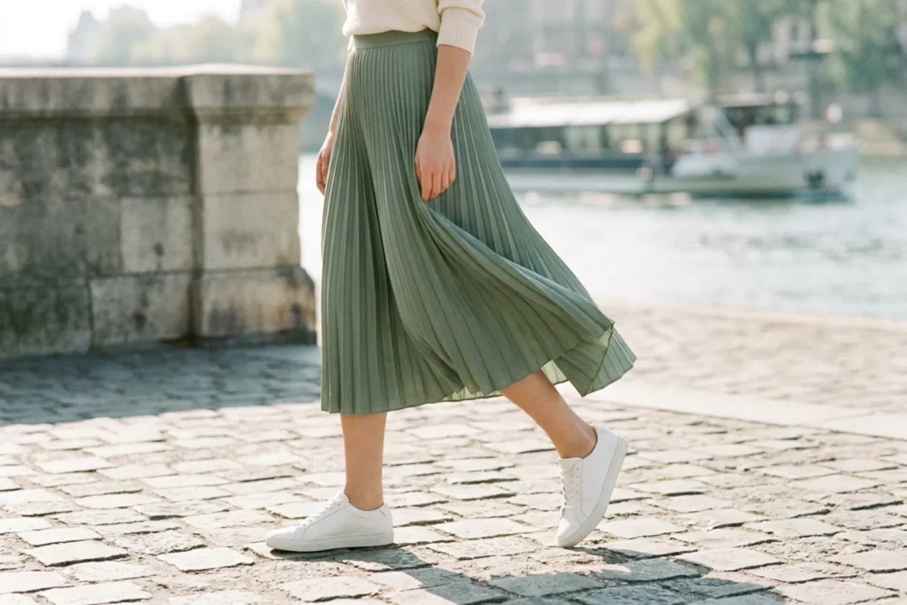Femme en jupe midi plissée et baskets blanches en cuir marchant sur les quais de la Seine, en fin de matinée ensoleillée