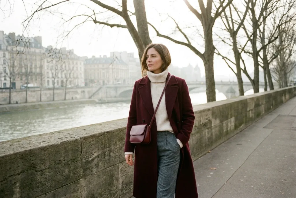 Femme en manteau bordeaux sur un col roulé crème et un pantalon gris, petit sac bordeaux à la main, sur un quai de Paris au petit matin