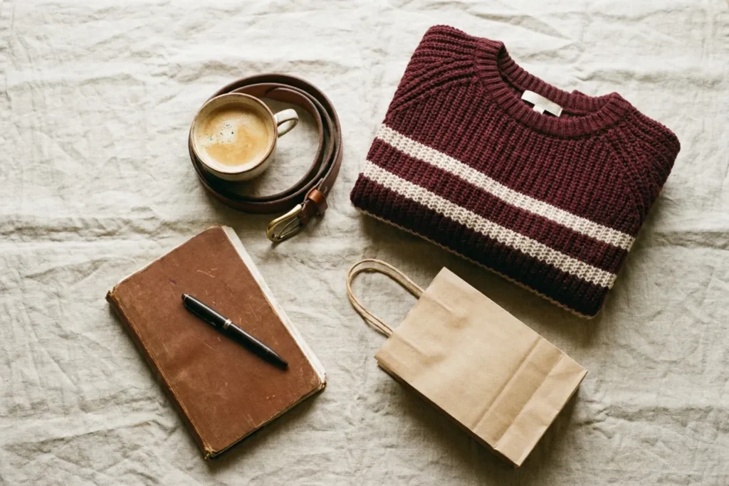 Vue de dessus d'une tenue de rentrée posée à plat : maille rayée, ceinture en cuir, petit sac en papier, carnet fermé avec un stylo et une tasse de café