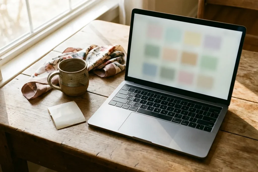 Vue de dessus d'un bureau avec un ordinateur portable, une tasse de café, un foulard en soie et un ticket de caisse
