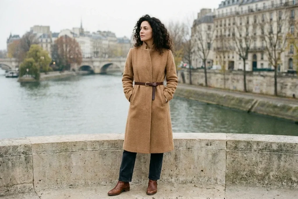 Une femme en manteau de laine camel ceinturé à la taille par une fine ceinture en cuir brun, sur un pont à Paris par temps couvert