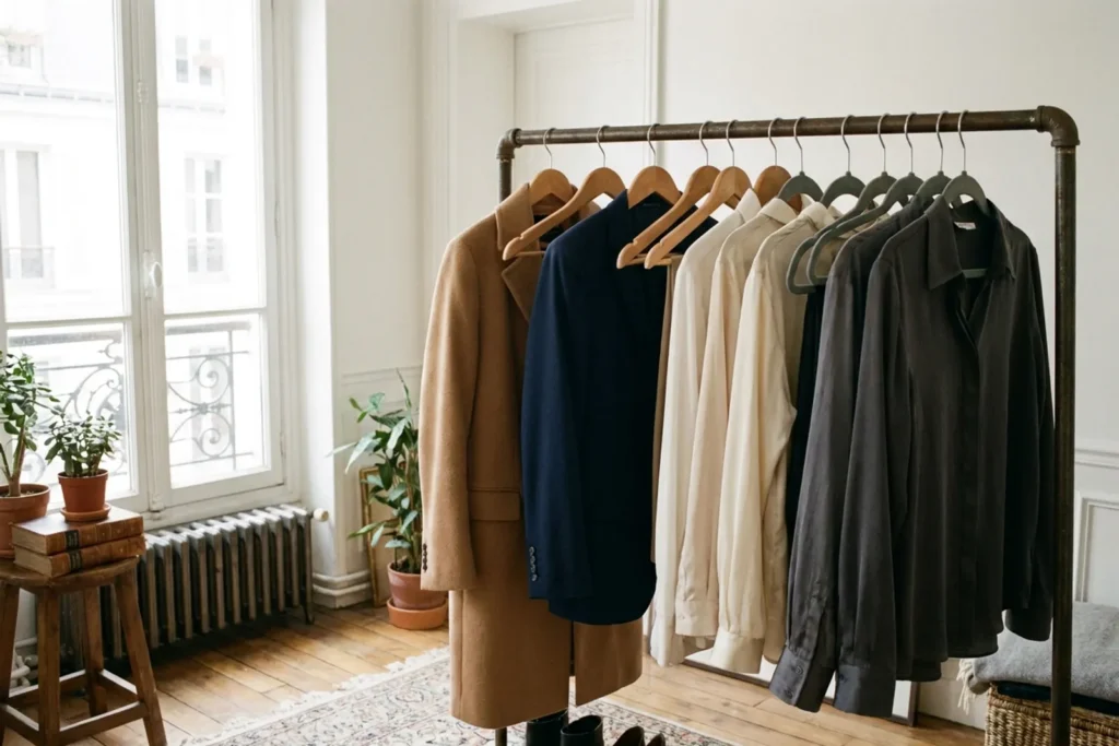 Portant de dressing bien rangé avec des cintres en bois et en velours assortis portant un blazer, des chemisiers et un manteau