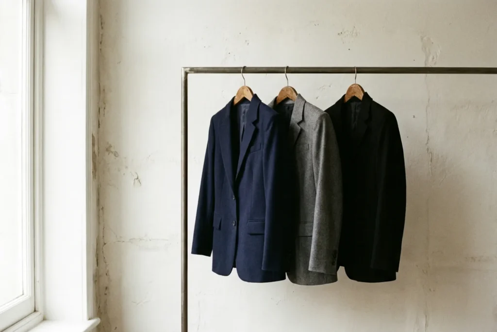 Nature morte de trois blazers, bleu marine, gris et noir, suspendus côte à côte sur des cintres en bois contre un mur blanc, lumière du jour douce