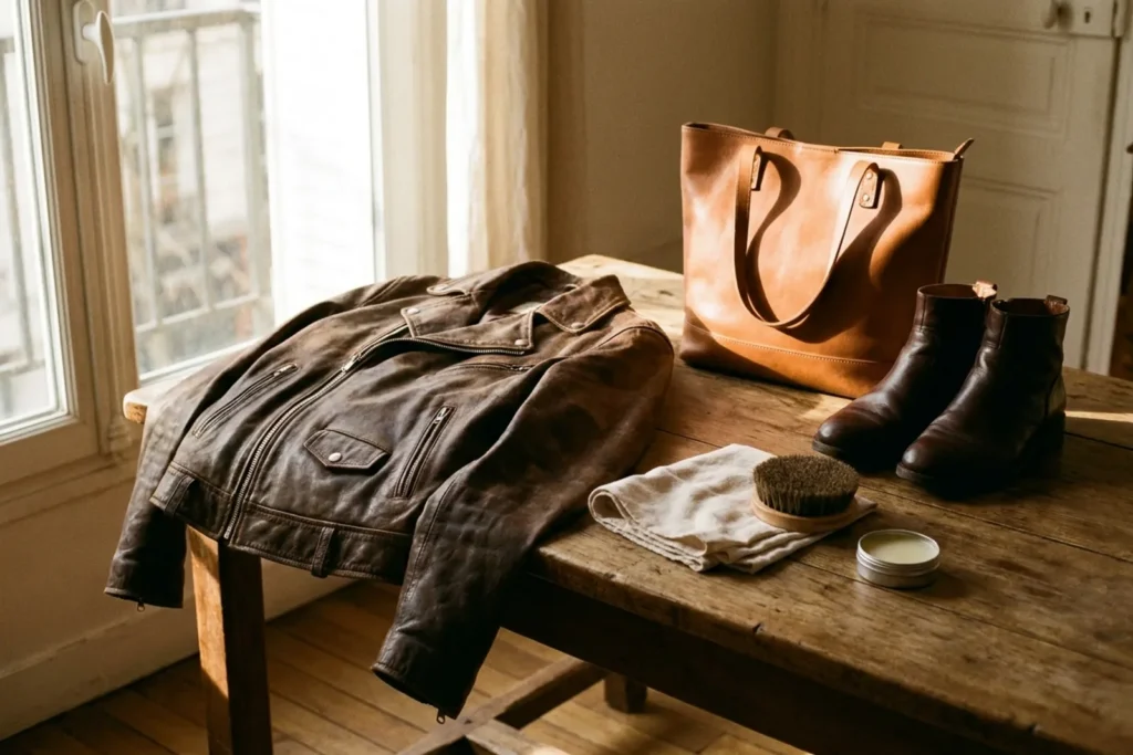 Une veste en cuir brun, un sac fauve et des bottines posés sur une table en bois avec un chiffon et une boîte de baume