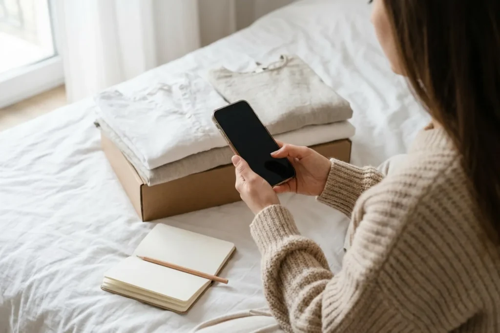Vue de dessus des mains d'une femme tenant son téléphone au-dessus d'une pile de vêtements pliés et d'un colis en carton posés sur un lit blanc