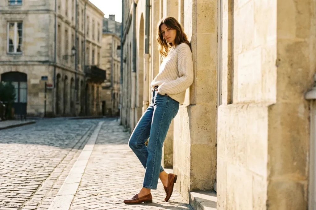 Une femme en jean droit bleu moyen, pull crème et mocassins marron, adossée à un mur de pierre à Bordeaux dans la lumière du soir