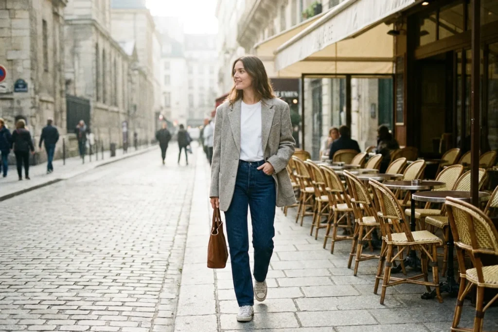 Une femme en jean droit, blazer gris oversize et t-shirt blanc marchant devant un café parisien dans la lumière du matin