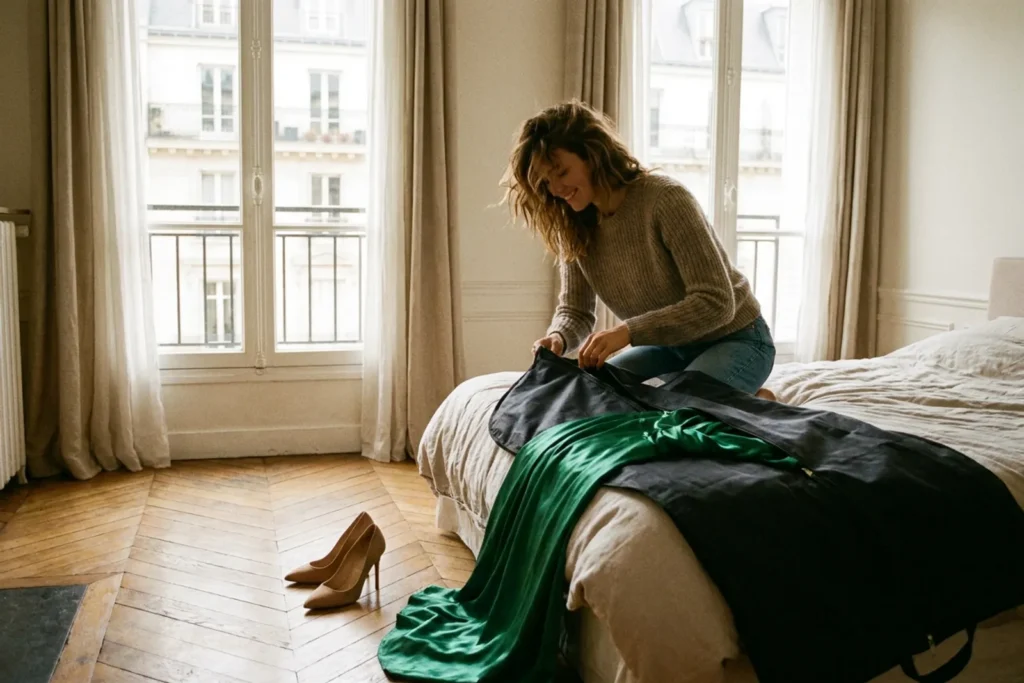 Une femme dans un appartement lumineux ouvre une housse de vêtement contenant une robe de soirée vert émeraude, une paire d'escarpins posée à côté