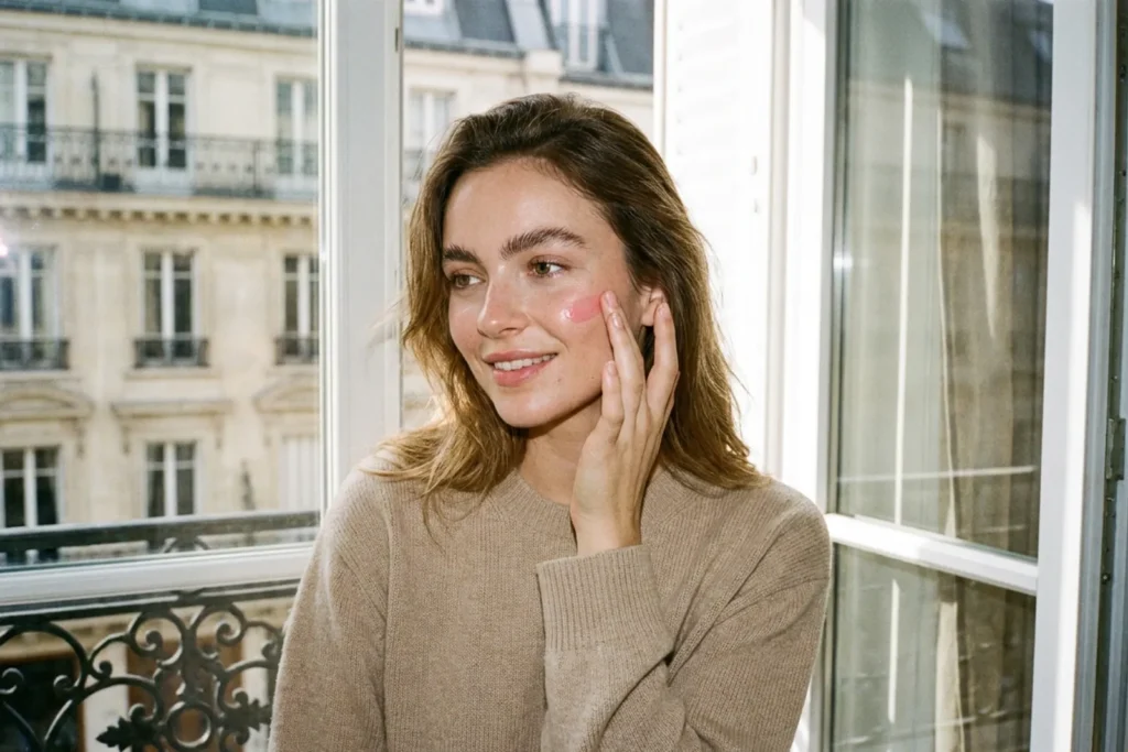 Portrait d'une femme au maquillage frais et minimal appliquant un baume teinté du bout du doigt près d'une fenêtre, dans un appartement parisien lumineux