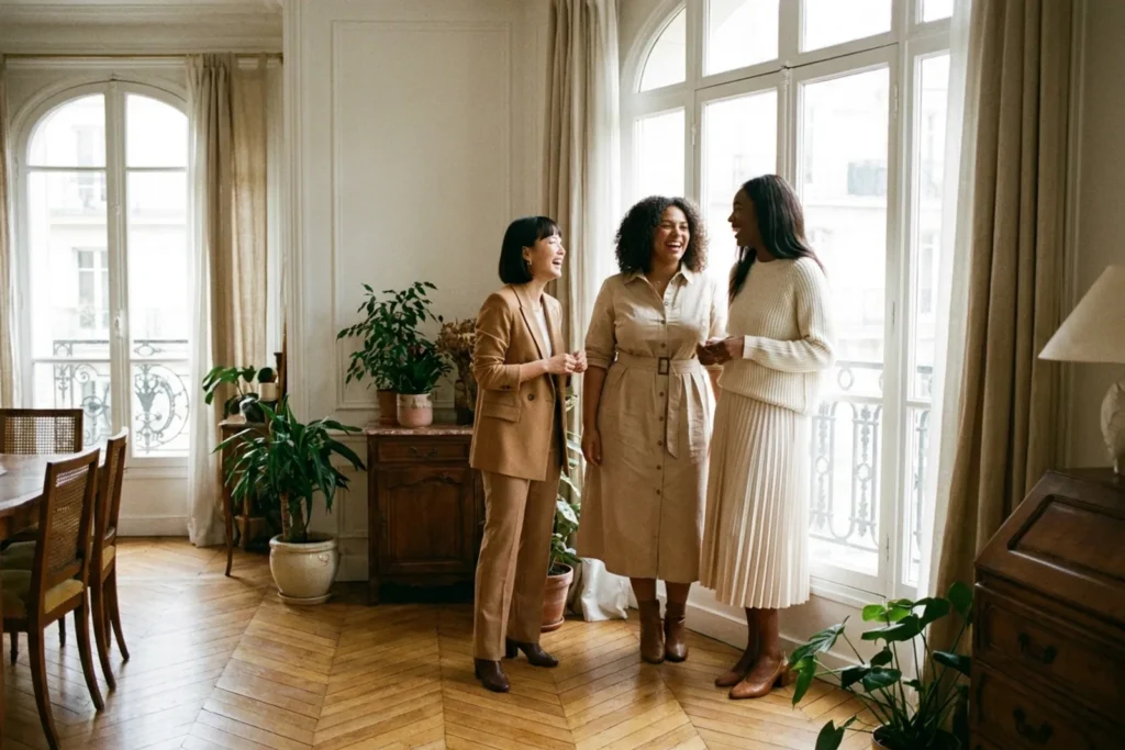 Trois femmes de silhouettes différentes riant ensemble dans un appartement parisien lumineux, chacune dans une tenue bien ajustée aux tons neutres
