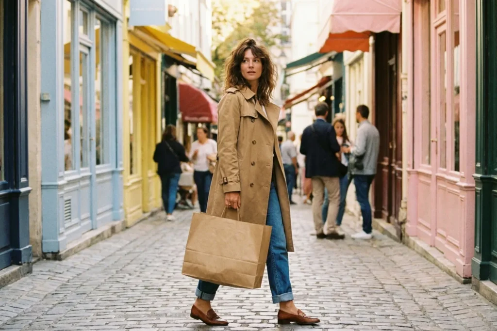 Une femme en trench, sac en papier kraft à la main, traverse une rue commerçante pavée bordée de façades pastel