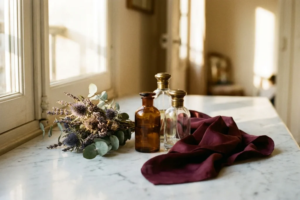 Nature morte de flacons de parfum ambrés et transparents sans étiquette posés sur une coiffeuse en marbre avec des fleurs séchées et un foulard en soie