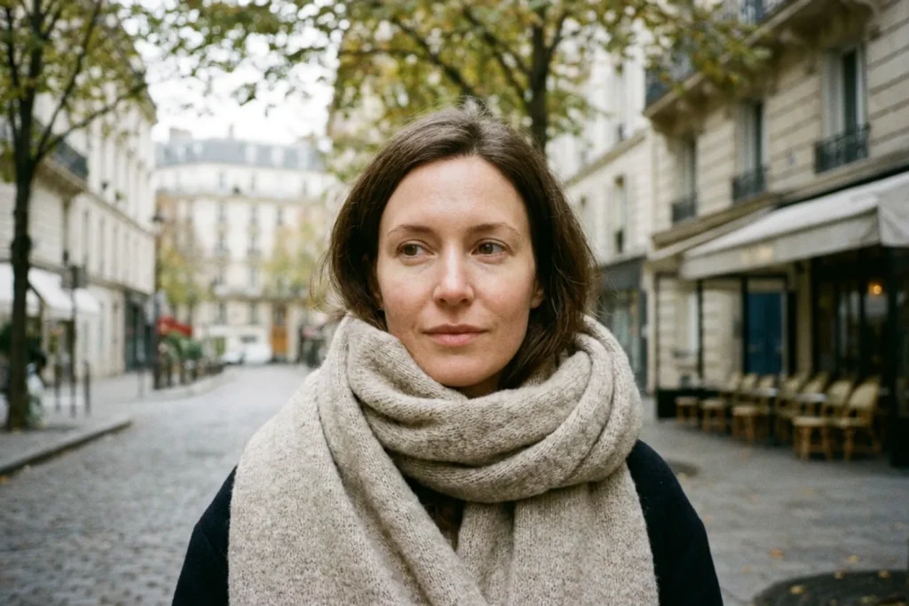 Portrait rapproché d'une femme à la peau nue et lumineuse, emmitouflée dans une grosse écharpe, dans une rue de Paris sous la lumière douce de l'automne