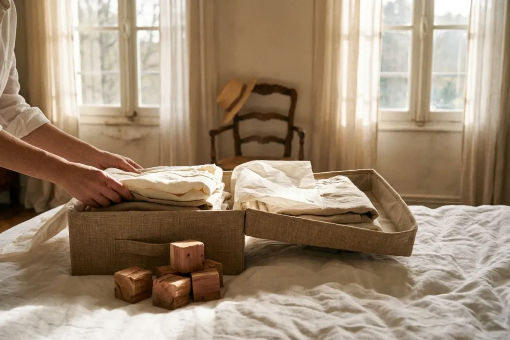 Robes en lin et tops d'été pliés dans une boîte en tissu avec des blocs de cèdre, posée sur un lit dans une chambre française baignée de soleil