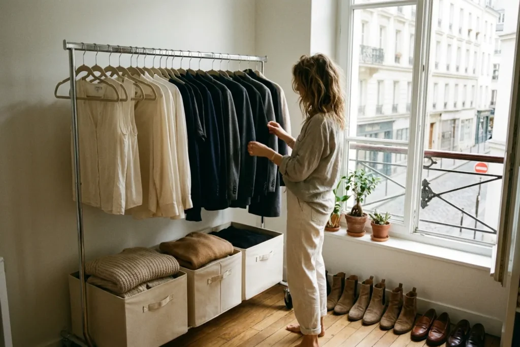 Petit dressing d'appartement parisien bien rangé : chemisiers et vestes sur cintres fins, pulls pliés dans des boîtes ouvertes et rangée de bottines en daim