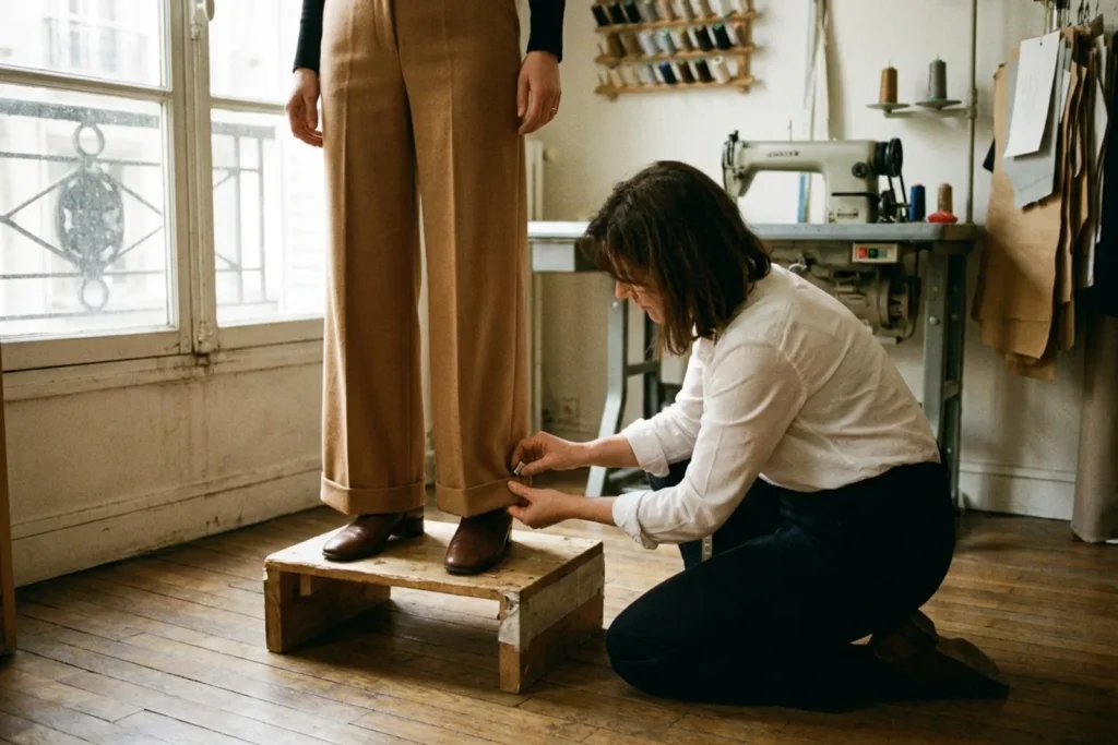 Une retoucheuse épingle l'ourlet d'un pantalon en laine sur une cliente debout dans un petit atelier parisien baigné de lumière naturelle