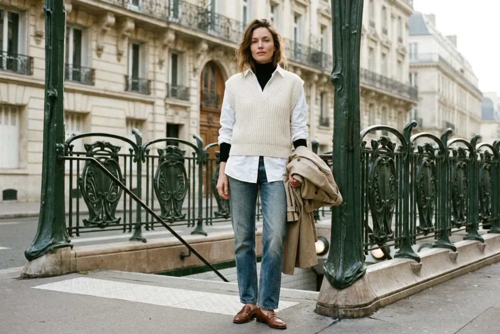 Une femme en col roulé noir sous une chemise blanche ouverte et un gilet en maille, trench sur le bras, à l'entrée d'une station de métro parisienne au matin