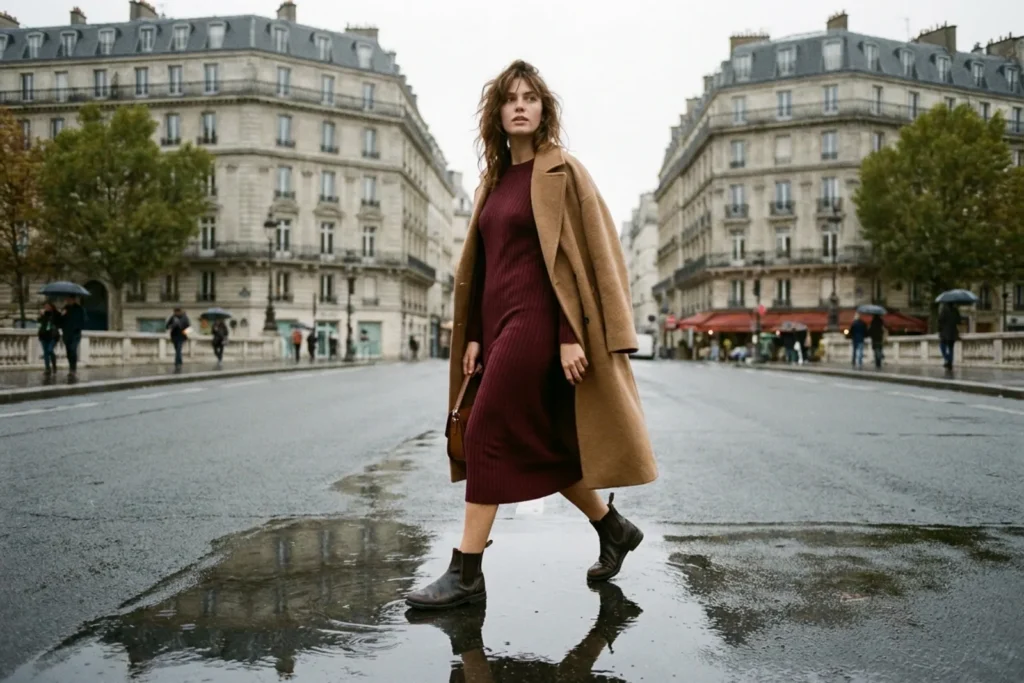 Une femme en robe en maille bordeaux, un long manteau camel posé sur les épaules, traverse un boulevard parisien sous la pluie dans la lumière grise de l'automne