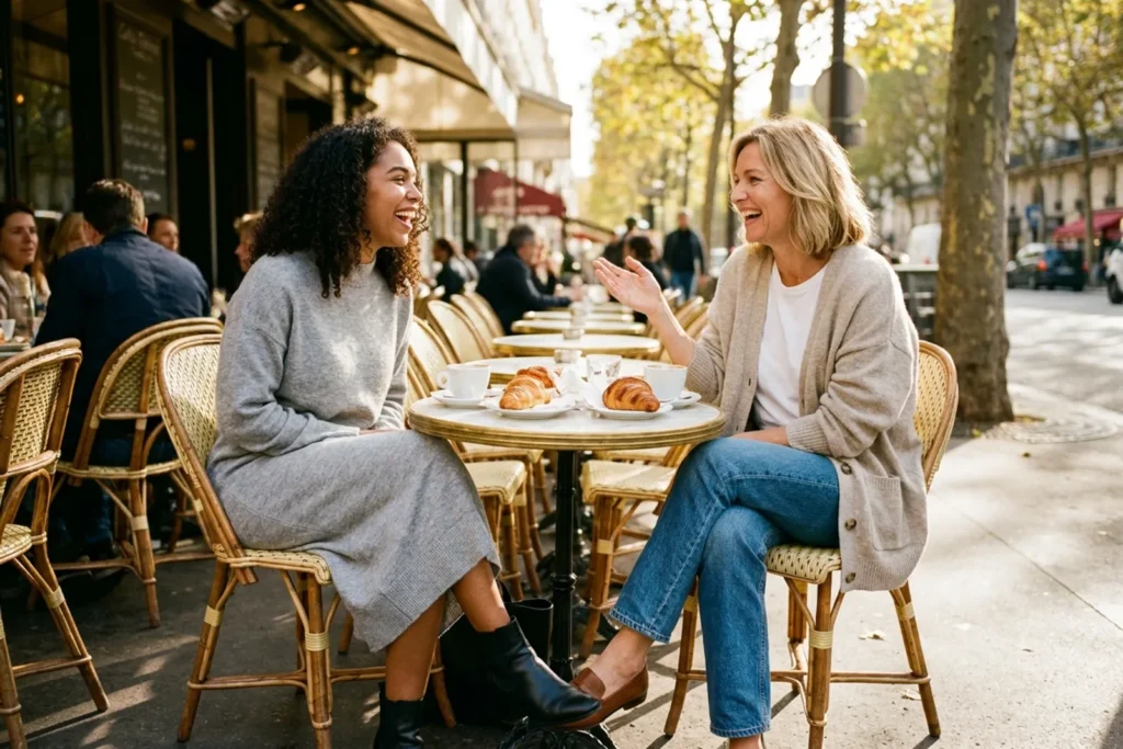 Deux amies à la terrasse ensoleillée d'un café parisien à l'heure du brunch, l'une en robe en maille grise et bottines, l'autre en cardigan et jean droit, croissants sur la table