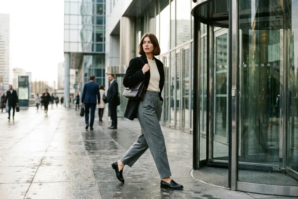 Femme en pantalon à pinces gris, pull fin écru et blazer noir avec des mocassins, entrant dans un immeuble de bureaux moderne à La Défense le matin