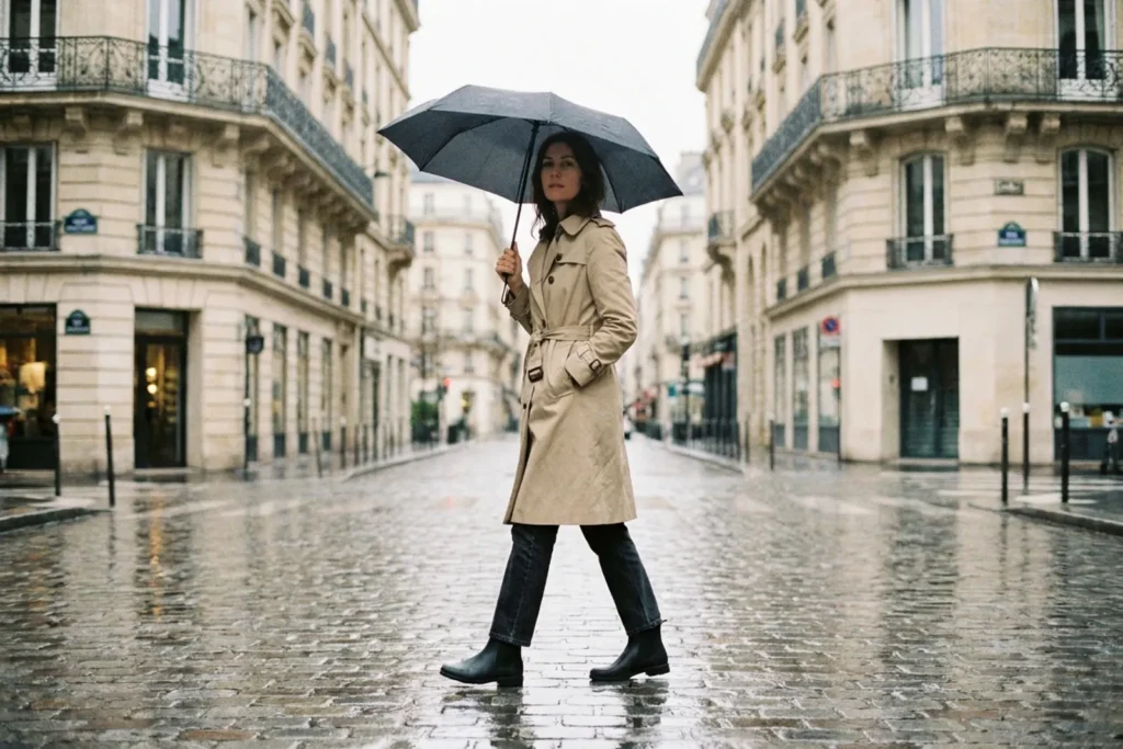 Femme en trench beige, jean foncé et bottes en caoutchouc noires tenant un parapluie uni dans une rue de Paris sous la pluie