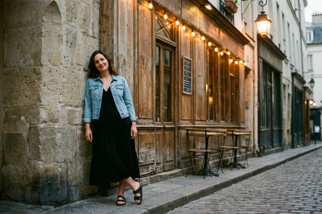 Une femme en robe midi noire et veste en jean attend devant un bar à vin parisien à la tombée du jour
