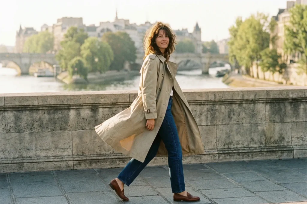 Femme en trench beige ouvert, jean brut et mocassins traversant un pont de Paris par un matin de septembre