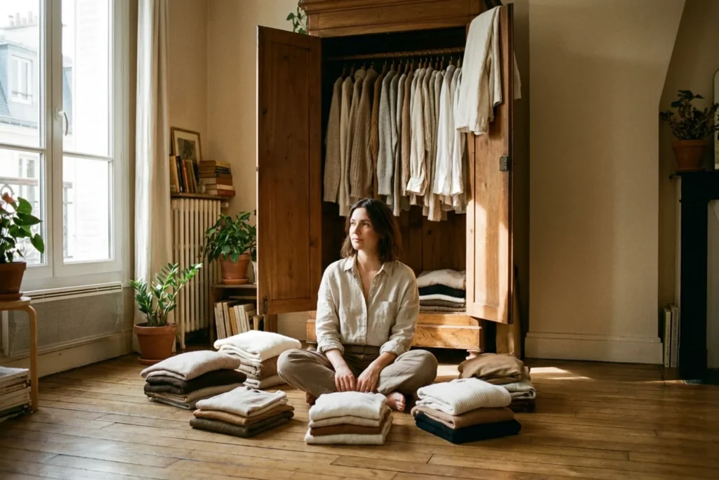 Femme assise au sol d'une chambre lumineuse, entourée de piles de vêtements pliés et triés, devant un placard ouvert