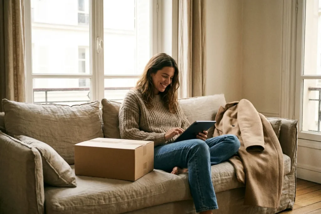 Femme assise sur un canapé dans un appartement lumineux, tablette à la main, un colis et un manteau plié posés à côté d'elle