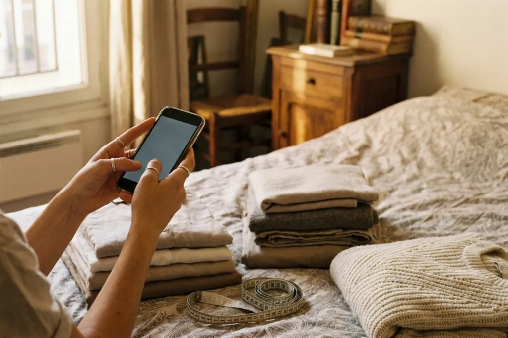 Mains tenant un smartphone au-dessus d'un lit couvert de vêtements de seconde main pliés, avec un mètre ruban et un pull en maille